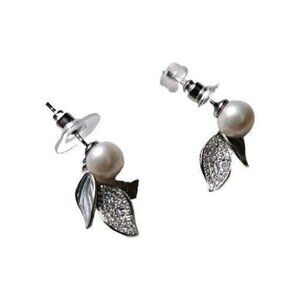 Sterling Silver Japanese Akoya Pearl 4mm And Crystal Leaf Drop Earrings